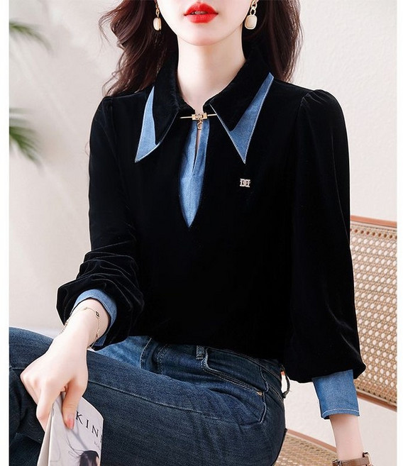 쩐쿠 여성 카라넥 고급 벌룬 셔링 벨벳 블라우스 6726