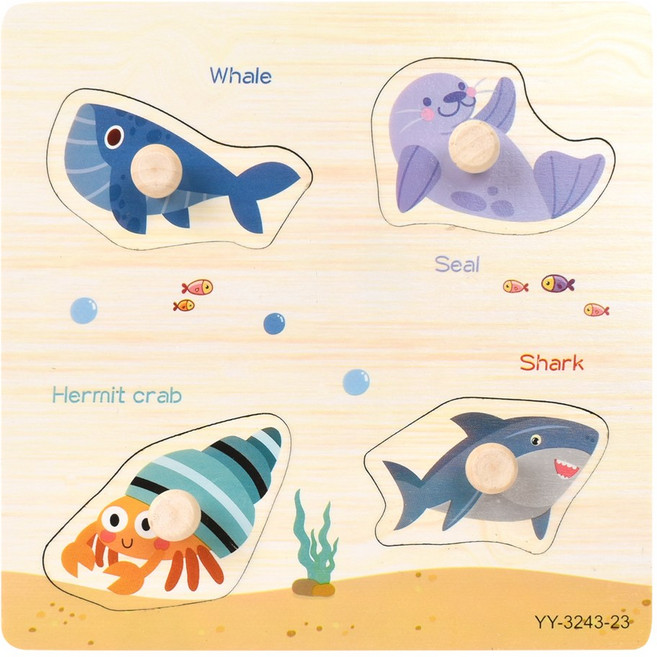 h37 목제 4피스 판 꼭지퍼즐 (바다B) yy3243-23 모양 퍼즐 놀이 교구 맞추기 도형 원목, 1개