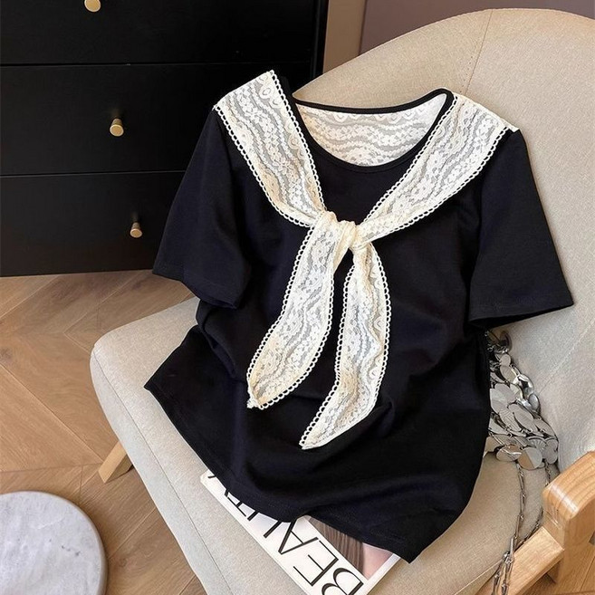 해피유통어린이 여자 레이스 넥타이 장식 반팔 티셔츠 귀여운 스타일14세 이상 XG03