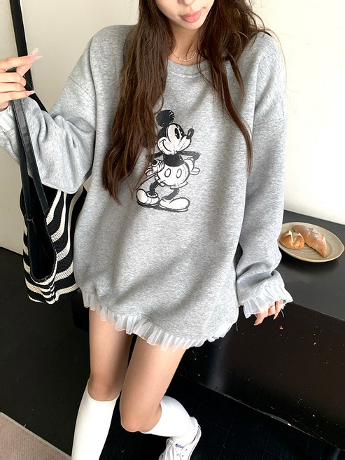 해피유통 여성용 캐주얼 미니 마우스 인쇄 긴팔 기모 티셔츠 가을 겨울