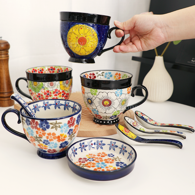 Starry Sea 폴란드머그컵+접시+숟가락 세트 예쁜 우유잔 커피잔, 4세트, 혼색