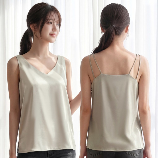 라뷰드 여성 여름 실키 백스트랩 민소매 블라우스 여자 쉬폰 브이넥 나시 바스트 안감 상의 이중 스트랩 옆트임 정장 나시티