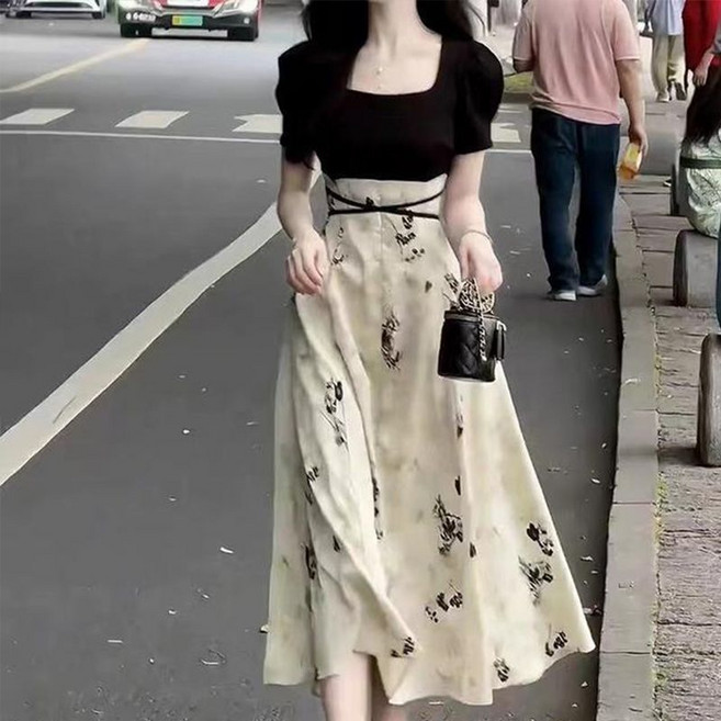法式碎花連衣裙 方領短袖收腰設計, 青春8908黑色,L, 黑色