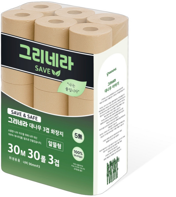 그리네라 save 알뜰형 먼지없는 깨끗한 무표백 무형광 뱀부 퓨어 대나무화장지 3겹 30M 30롤, 1개