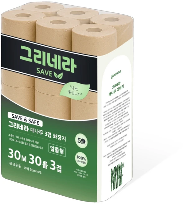 그리네라 save 알뜰형 먼지없는 깨끗한 무표백 무형광 뱀부 퓨어 대나무화장지 3겹 30M 30롤, 1개 - 쿠팡