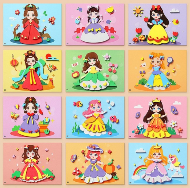 EVA 스티커 유아 만들기 놀이 집콕놀이 어린이 미술놀이 그림그리기 동물스티커 자동차스티커 바다물고기스티커, 12세트, 공주