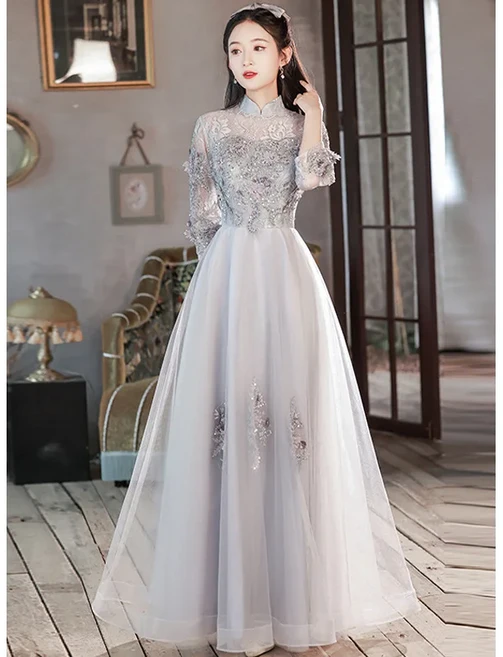 이브닝 드레스 중국 스타일 2025 새로운 연회 치파오 약혼 Guzheng 민속 음악 호스트, 01 S, 02 Gray