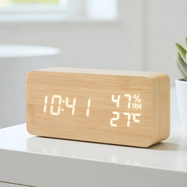 안소벨 탁상시계 알람 LED 무소음 디지털, 우드색