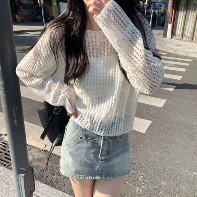 杜達女孩 鏤空透膚針織罩衫, 白色