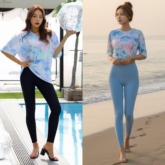 조이할리 여성 래쉬가드 오버핏 반팔 워터레깅스 세트 빅사이즈 키작녀 수영복, 스카이블루+스카이블루