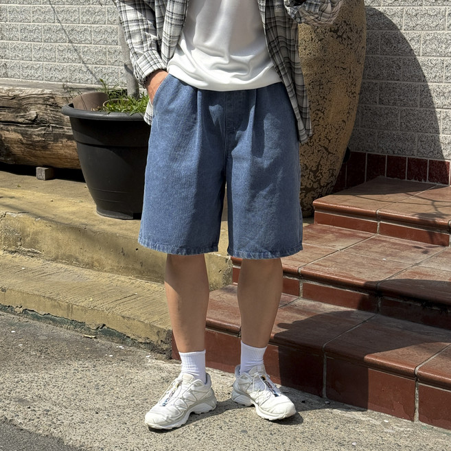 남자 여름 밴딩 와이드 데님 청 반바지 버뮤다팬츠