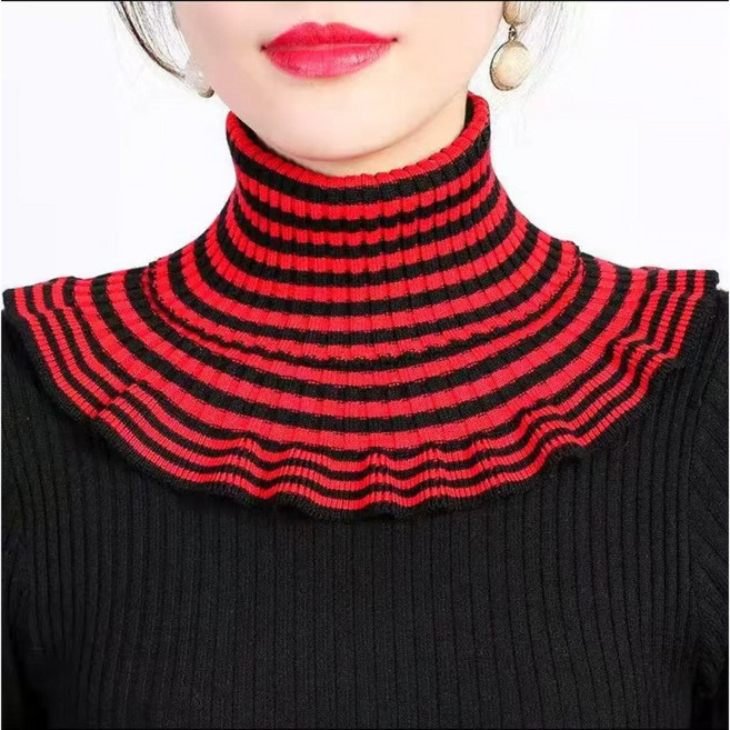 針織圍脖 成人款 紅黑條紋 折疊加厚保暖 假高領圍巾
