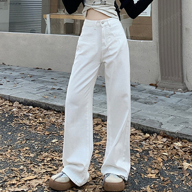 cammello 화이트 와이드 일자 데님 팬츠 일반 롱 2단기장 여성 데일리 면바지