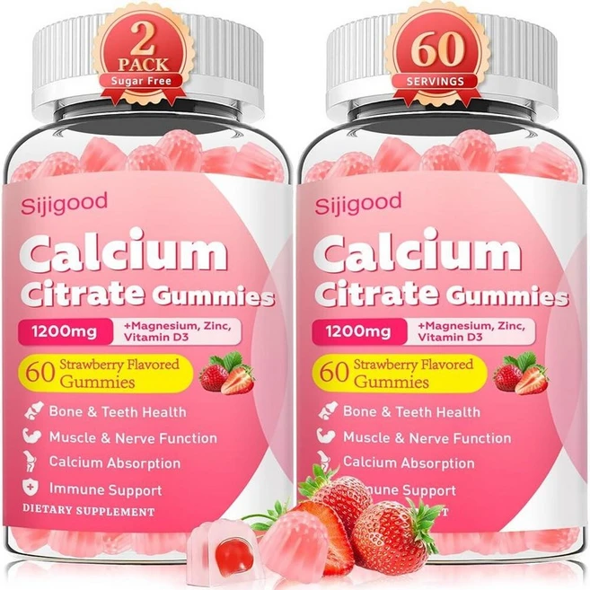 구연산 칼슘 젤리 1200mg 비타민 D3 마그네슘 및 아연 함유 뼈 건강 치아 강도 근육 지원을 위한 무설탕 츄어블 보충제 딸기 맛 60개 138124, 60개입(2병) - 쿠팡