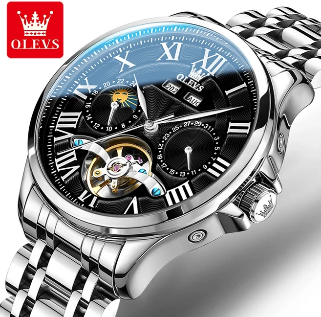 OLEVS 7013 남성용 워치 로마 스케일 속이 빈 스켈레톤 방수 비즈니스 남성 문페이즈 오토매틱 기계식 손목, 01 China Mainland, 02 Steel Black