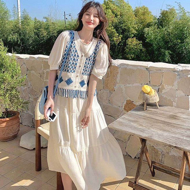 레이어드 조끼 + 반팔 미다 롱 원피스 투피스 여성 여름 루즈핏 바캉스 스커트 여음원피스 세트 WAWAMIYA