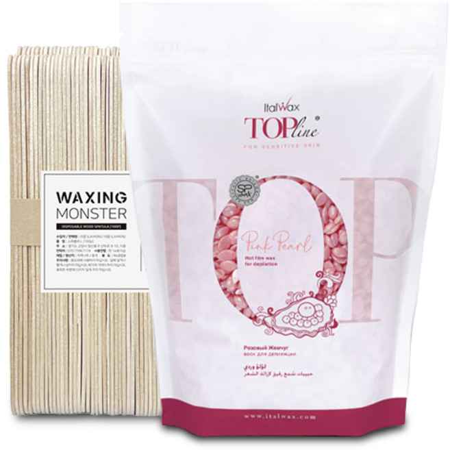 이탈왁스 TOP LINE 민감피부용 핫필름 왁스 750g + 우드 스파츌라 L 100개입 세트, 핑크펄, 1개, 핑크펄