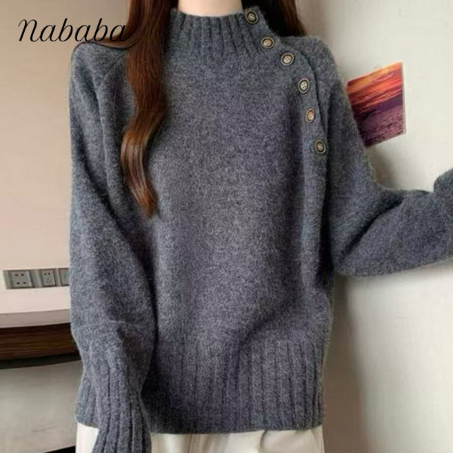 나바바 NK3282 여성 버튼 포인트 반폴라 긴팔 니트티