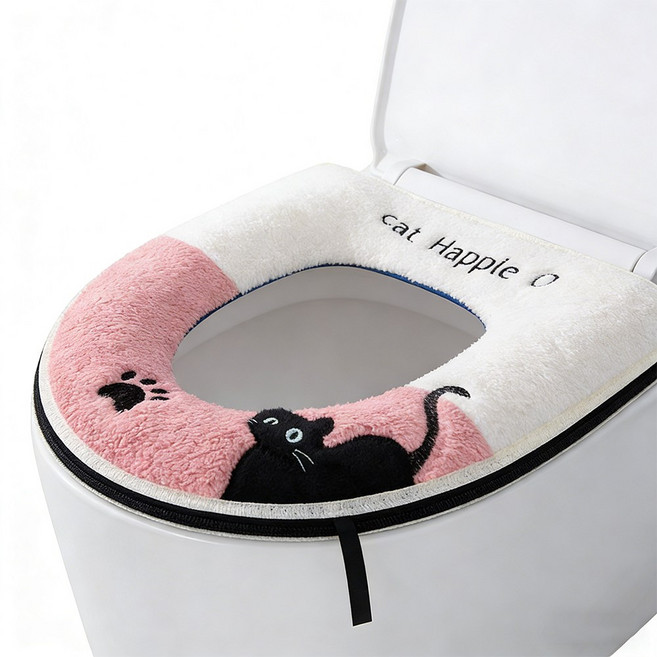 VIX Group 극세사 변기쿠션 변기커버 사계절용 탈부착식 변기 보온 손잡이 커버 시트 고양이 캐릭터, 핑크, 1개