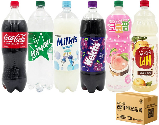 [한번에먹자] 인기탄산 과즙음료 1.5L 6종 혼합 / 코카콜라 +칠성사이다 +웰치스포도 +밀키스 +코코팜복숭아 +갈아만든배 총, 1세트