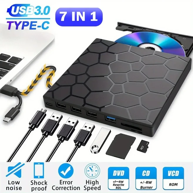 7in 1 외장형 CD DVD 드라이브 USB 3.0 유형 C 휴대용 DVD 플레이어 CD 버너 데스크탑 Mac용 디스크 Window, 01 Black