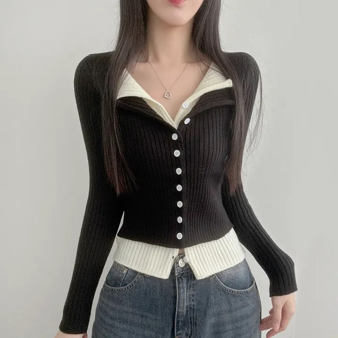 쪼예 투톤 배색 레이어드 긴팔 크롭 니트 가디건