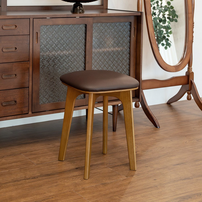 핀란디아 엘라인 고무나무 원목 사각 스툴(쿠션형), 브라운, 1개