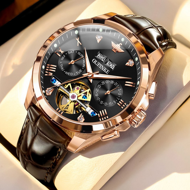 OUPINKE 남성 시계 정품 자동 기계식 오토매틱 럭셔리 명품 워터프루프 야광 가죽