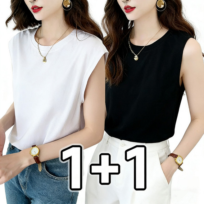 TIMEPURE 1+1 여성 민소매 티셔츠 여름 심플 슬림핏 데일리 민소매 티셔츠 패션 나시 티셔츠 상의 아우터