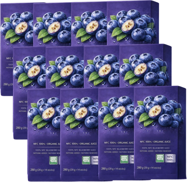 리포리아 유기농 블루베리 즙 100% nfc 착즙 원액 퓨레 주스 스틱, 12박스, 280g