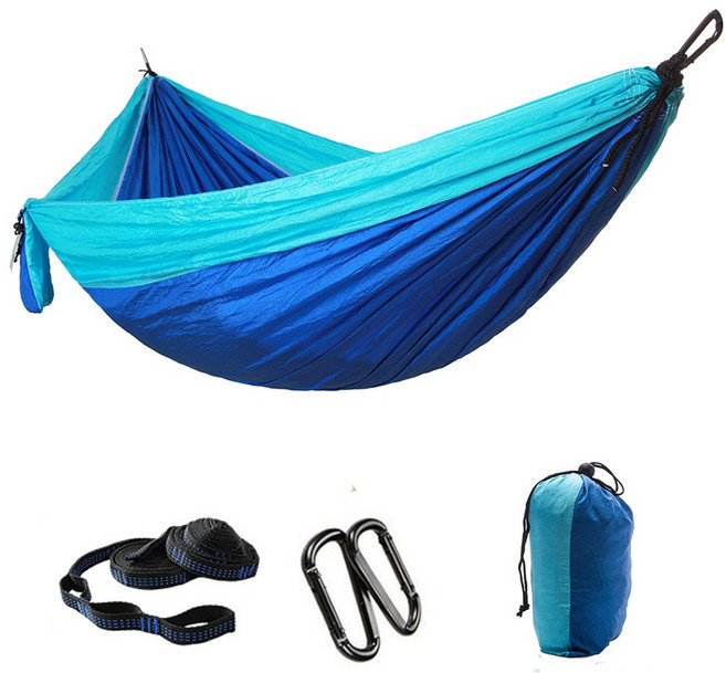 直銷戶外單人雙人降落傘布吊牀拼色尼龍加寬鞦韆室內休閒, 1個, 300*200天藍拼寶藍(綁帶款18+1):如圖