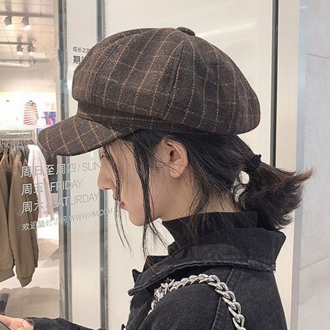 소울린느 남녀공용 모직 울 체크 팔각모 빵모자 (4컬러)