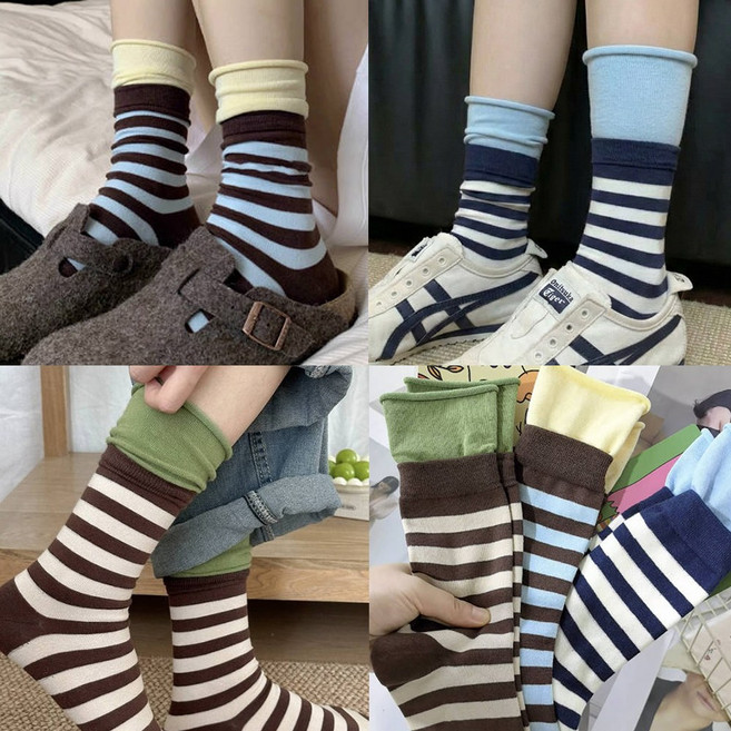 스트라이프 돌돌이 레이어드 양말 3세트 캐주얼 스포티 삭스