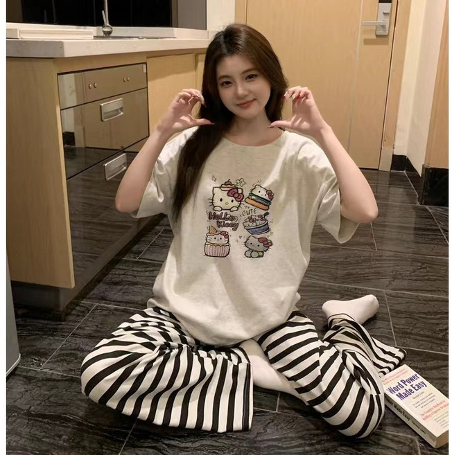 THE HONG 100% 순면 화이트 블랙 캣 헬로키티 여성 반팔 홈웨어 잠옷 세트