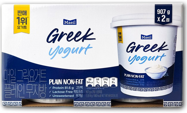 코스트코 매일 그릭 요거트 플레인 무지방 무가당 1814g(907g x 2통) 락토프리, 단품