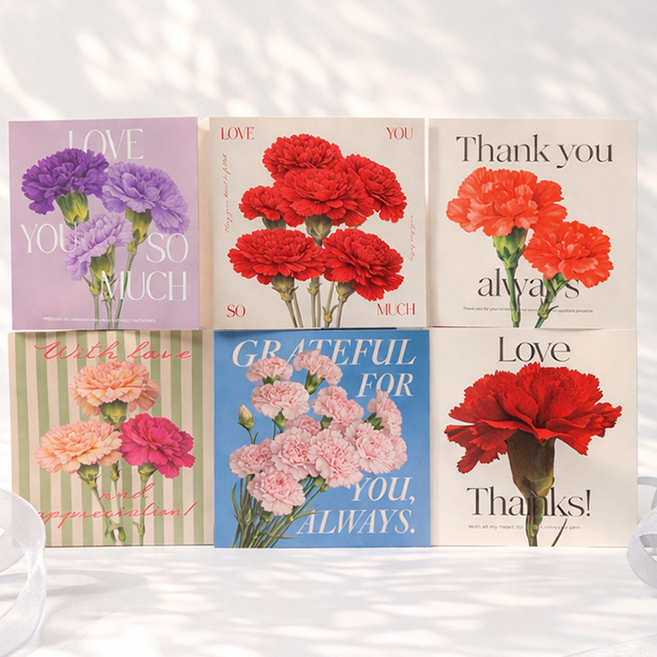 스승의날 어버이날 카네이션 꽃 감사 메세지 엽서 카드 + 카드봉투 세트, 접이식 카드+봉투 6종, 12개