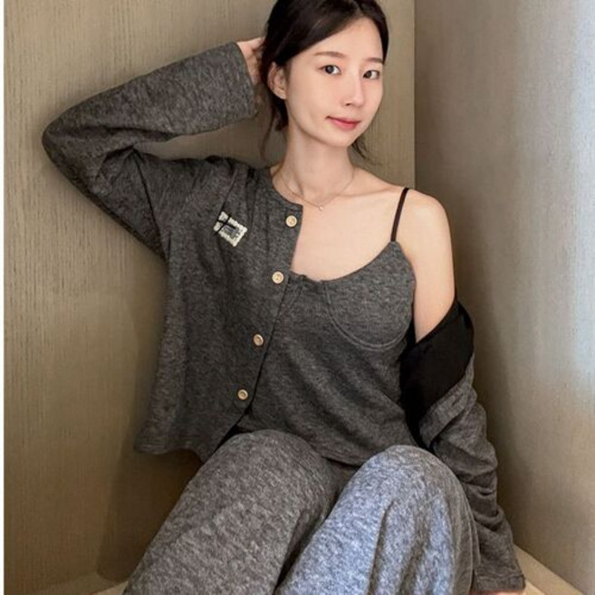 커플잠옷세트 파자마 무스 캐시미어 3종 세트 오픈 가슴 블랙 4사이즈 ible1