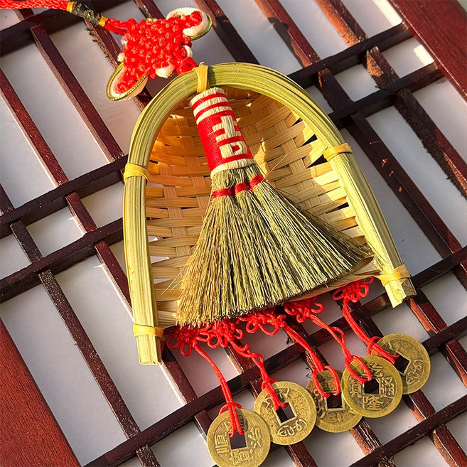 액막이 빗자루 삼태기 엽전장식 (액운 삼재막이 금전운 부적 대나무 복조리 풍수지리 새해 개업 집들이 이사), 소형11x10