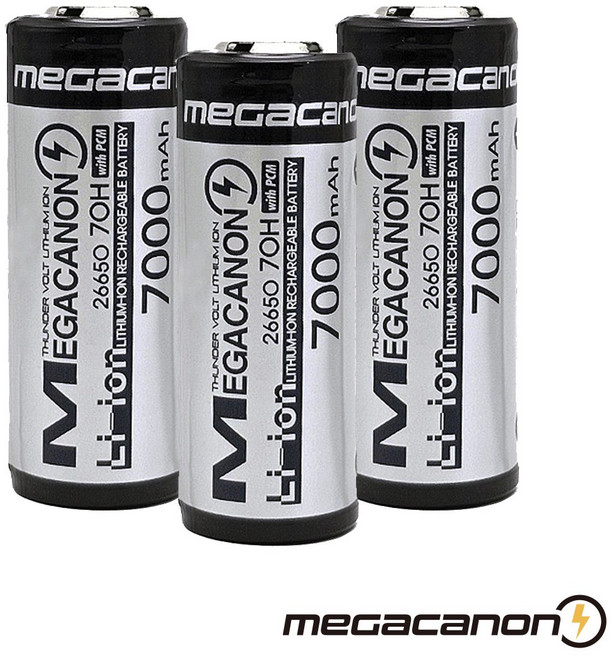 메가캐논 26650 리튬이온 충전지 7000mAh 13A 고방전 3.6V 보호회로 KC인증, 3개