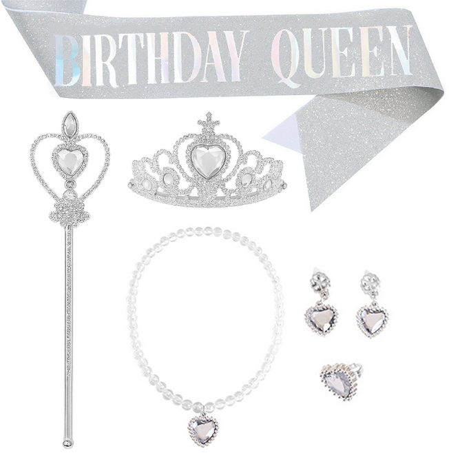 [청춘교복] 공주 생일 파티 용품 5종세트+어깨띠 축하 코스프레 연말 선물 소품 프린세스 코스튬 주얼리 왕관 요술봉 목걸이 액세사리, 1개, 화이트-벌스데이퀸