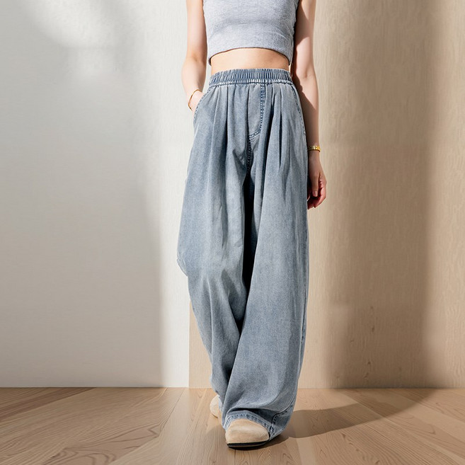 HANYO 여성 아이스 실크 스트레이트 루즈핏 굴링 청바지