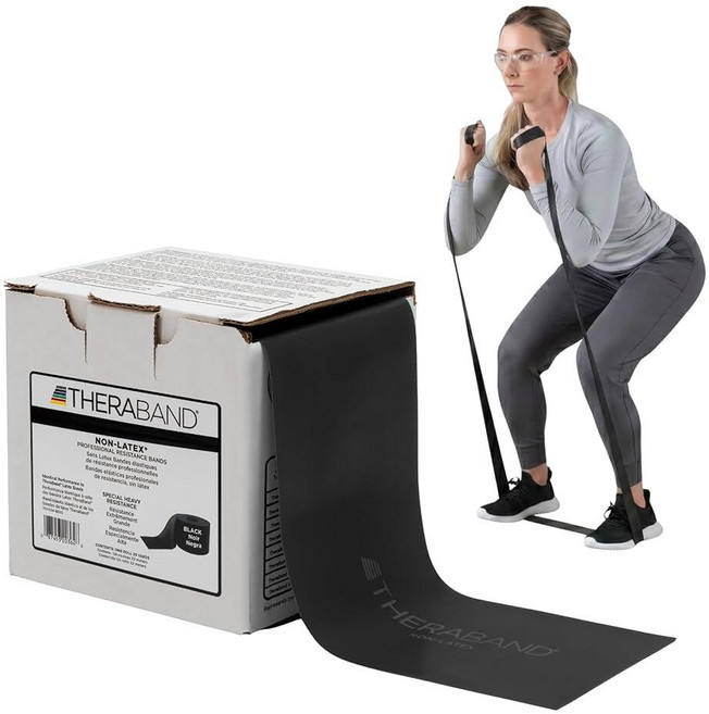 THERABAND 저항 밴드 22.6m(25야드) 롤 상체 및 하체 운동 물리 치료 필라테스 재활 디스펜서 박스 레벨 5용 엑스트라 헤비 블루 라텍스 전문 탄성, Black | Special Heavy