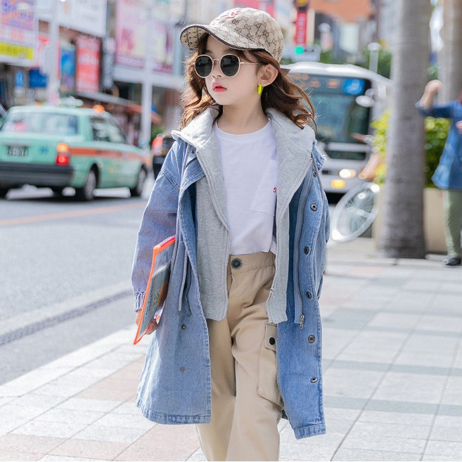 메이징키즈 주니어 여아 봄 가을 후드 레이어드 데님 청 롱 자켓