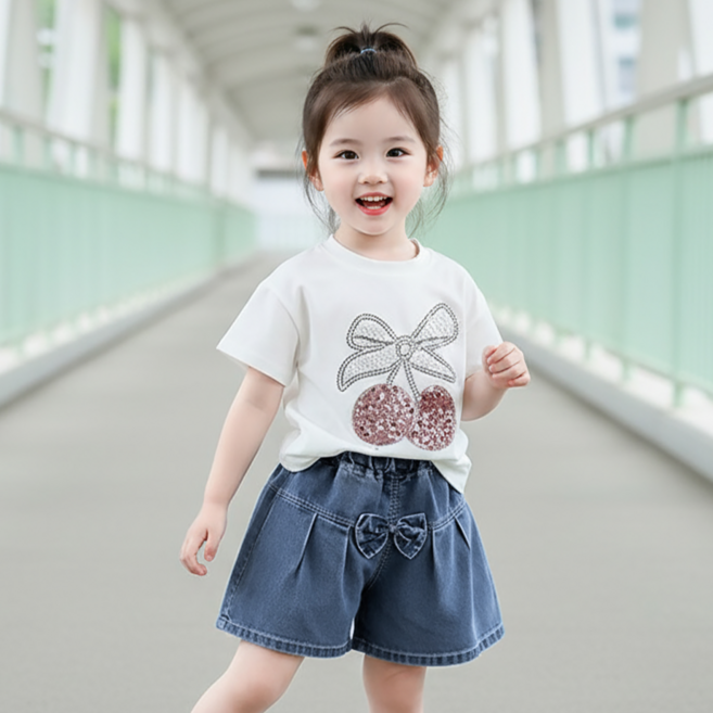 몽실이 스팽글체리 반팔상하복 여아 여름 반팔 반바지 세트 데일리룩 키즈 외출복 러블리룩 여름코디 스커트팬츠