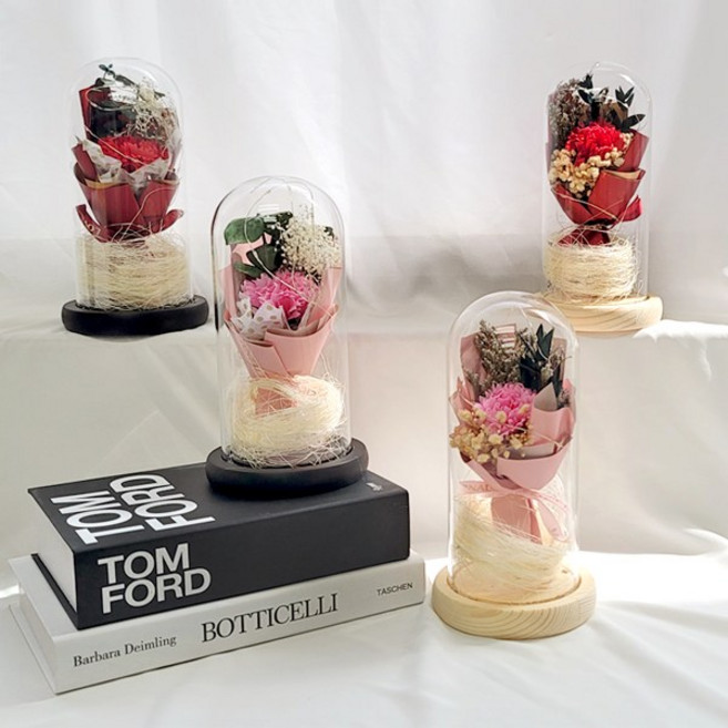 LED 유리돔 프리저브드 카네이션 2color 어버이날 가정의달, LED프리저브드 카네이션 우드(레드), 1개