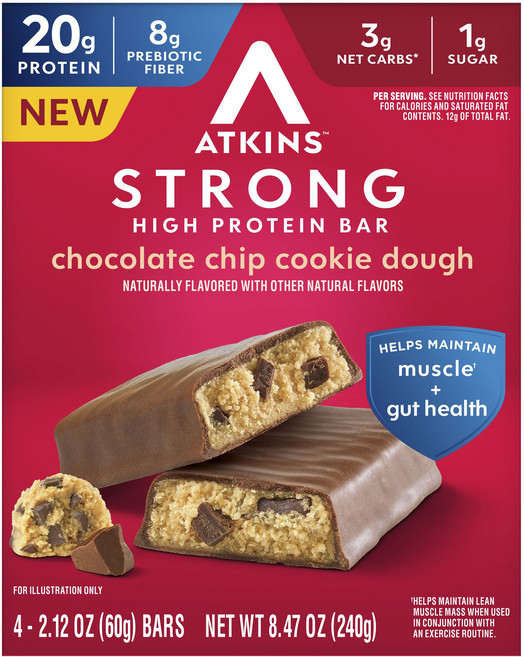 ATKINS Strong 高蛋白棒 巧克力脆片餅乾麵團口味 4入, 1個, 240g