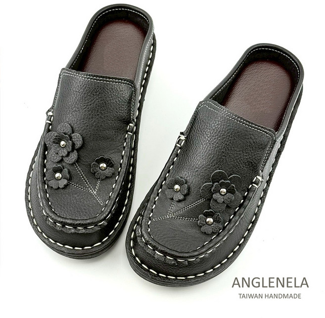 ANGLENELA 台灣手工黑色皮革雛菊裝飾穆勒鞋