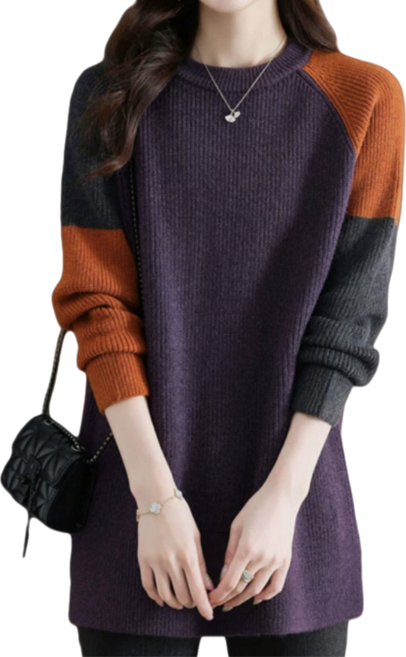Makone 여성 가을 겨울 쓰리톤 하프 라운드 니트스웨터