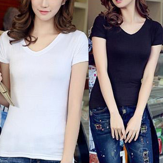 일월전빵 1+1 여성 슬림핏 무지 레이어드 스판 라운드 브이넥 반팔 티셔츠