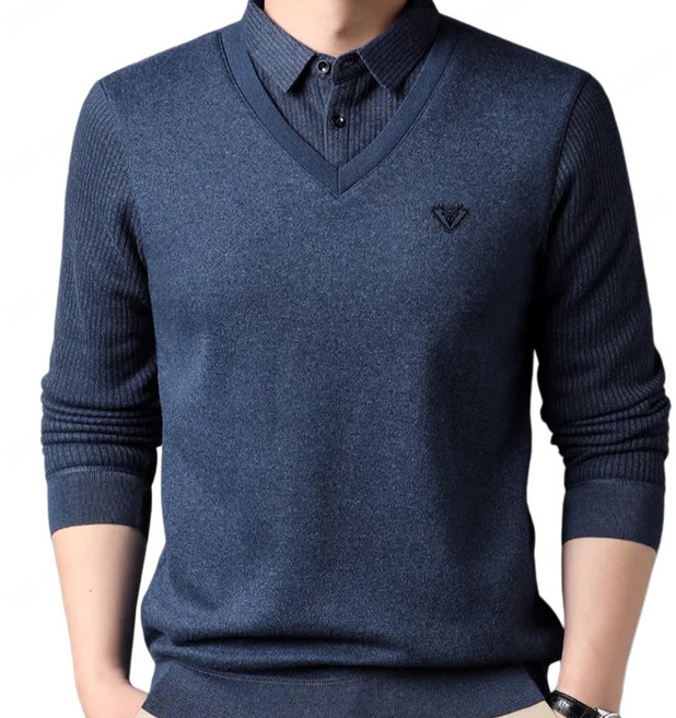 AOKOWN 남성 페이크 레이어링 셔츠 긴팔 캐주얼 긴팔티, (1건)블랙, 4XL(90-100kg)